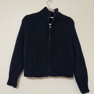 Anthropologie Moth Black Chunky Knit Wool Blend Zip-Up Sweater Jacket